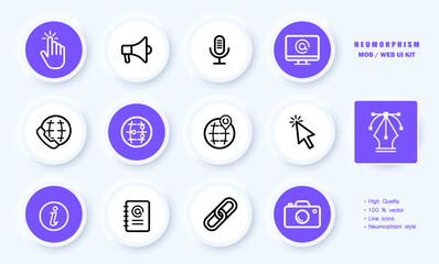 Business contacs set icon. Megaphone, microphone, hotline, location, worldwide, cursor, email list, link, camera, computer, planet. Work concept. Neomorphism style. Vector line icon for Advertising