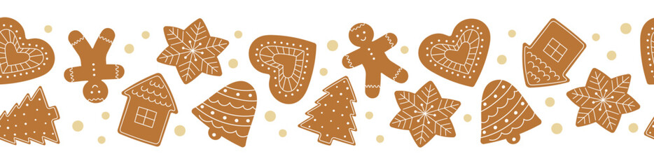 Seamless border of gingerbread cookies. Winter homemade sweets on white background