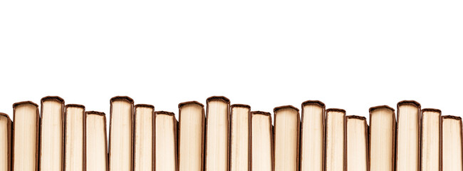 Banner with horizontal books border isolated on white background. Reading, study concept. Bookworm lifestyle. Place for text. High quality photo