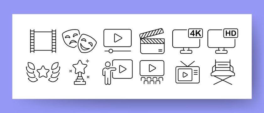 Film industry set icon. Movie, acting, actor, actress, watch series, clapperboard, HD, 4K, award, star, play button, cinema, TV, directors chair. Entertainment concept. Vector line icon for Business