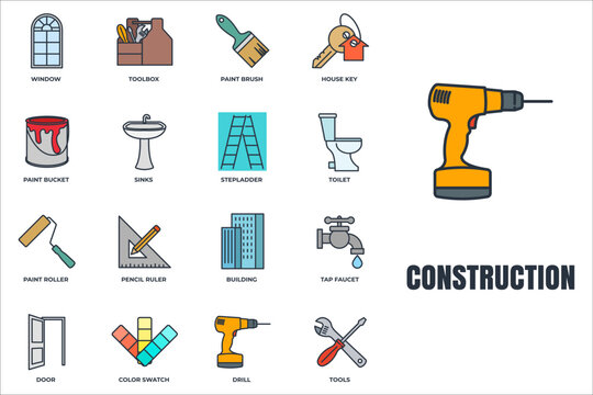 Set of Construction icon logo vector illustration. tools, toolbox, drill, door, color swatch, paint roller, paint bucket and more pack symbol template for graphic and web design collection