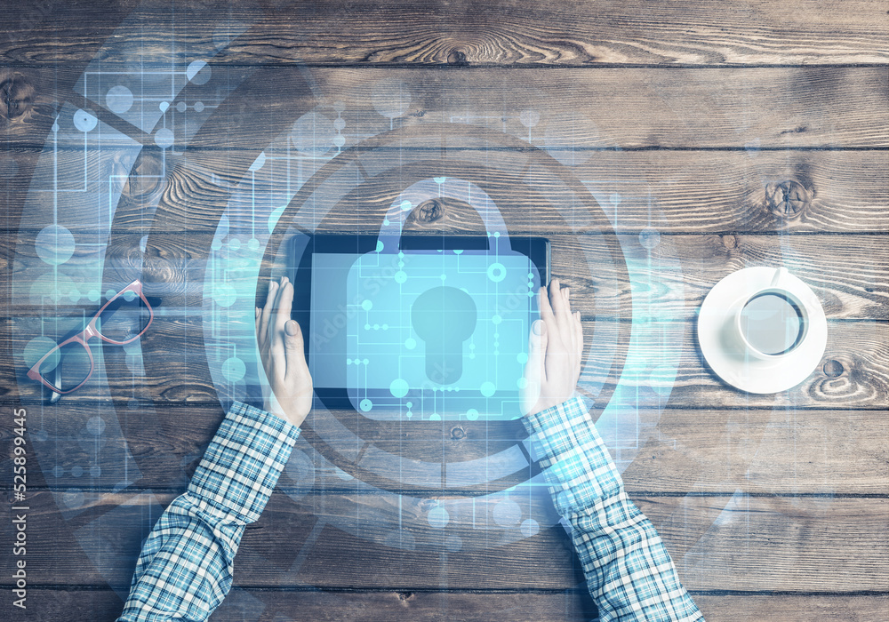 Poster concept of computer access with media lock icon on tablet screen