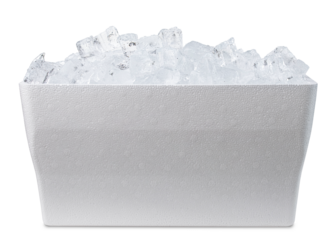 Cooler with ice. Styrofoam Cooler box. White foam plastic cooler box for ice. Take cold beer, drink, food on the beach. Fridge container for picnic. Isolated on white background with Clipping path.