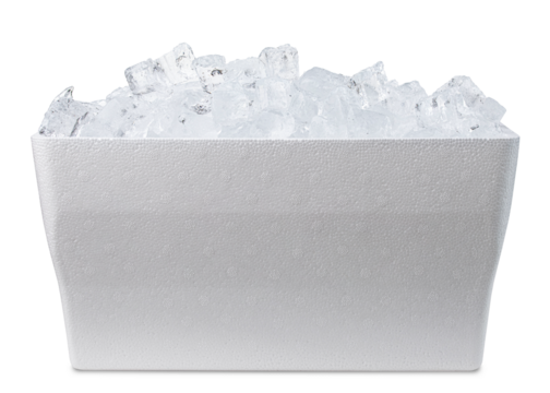 Cooler with ice. Styrofoam Cooler box. White foam plastic cooler box for ice. Take cold beer, drink, food on the beach. Fridge container for picnic. Isolated on white background with Clipping path.