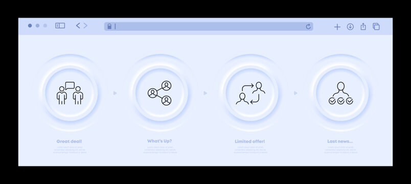 Working communication set icon. Exchange information, speech bubble, employee, teamwork, checkmark, hierarchy, subordinates. Business concept. Neomorphism website interface. Vector line icon
