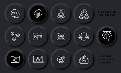 Working communication set icon. Online conference, call, data transfer, exchange information, phone, website, laptop, employee, workflow, folder, teamwork, mailing list. Business concept. Neomorphism