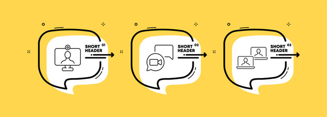 Online conference set icon. Video call, webinar, meeting, internet, computer, camera, laptop. Communication concept. Infographic timeline with icons and 3 steps. Vector line icon for Advertising