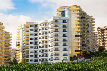 Residential area of the city with apartment buildings. Inhabited buildings.
