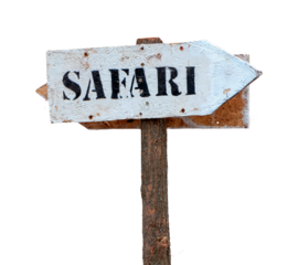Direction sign, white arrow pointing right with safari written on it with black paint transparent