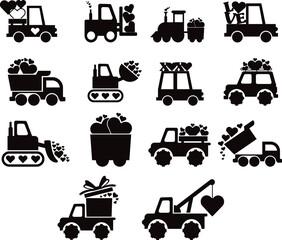 Collection of Vehicle Valentine's icon flat isolated vector Silhouettes