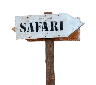 Direction sign, white arrow pointing right with safari written on it with black paint transparent
