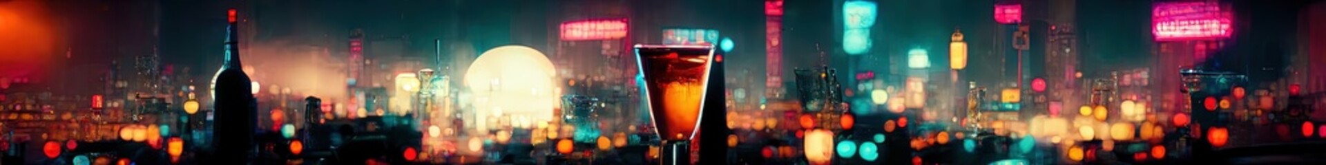 Fototapeta premium Cocktails and metropolis city night life panorama. 3d art render.