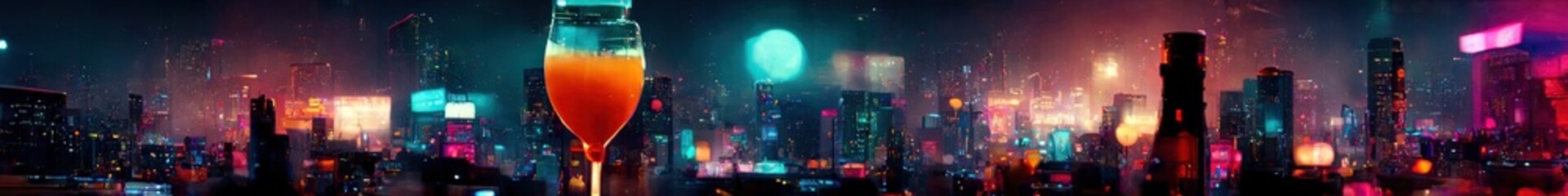 Cocktails and metropolis city night life panorama. 3d art render.