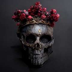 Human skull with crown of flowers. 3d render art.