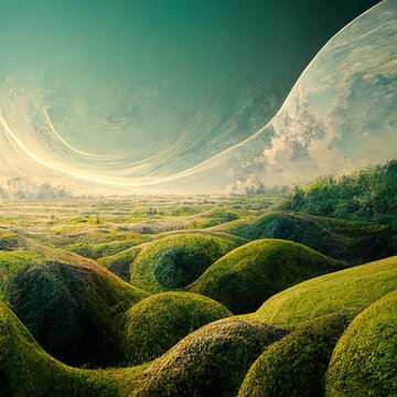 Alien Landscape With Green Hills And Sky. 3d Abstract Art.