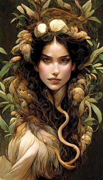 Beautiful seductive dryad. The pagan spirit of the forest. Portrait of a beautiful dryad.