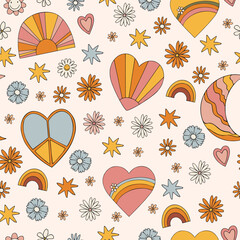 70s Hippie style psychedelic elements mushroom, rainbow, floral retro pattern background.