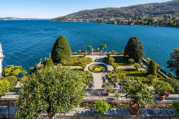 A scenic terrace of Isola Bella Italian style gardens overlooking the Maggiore Lake, Stresa, Piedmont, Italy