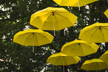 Obraz na płótnie Canvas yellow umbrellas in the park