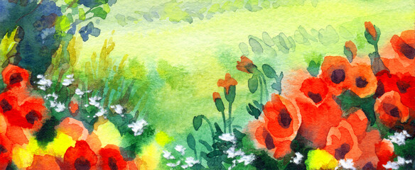 Obraz na płótnie Canvas Watercolor landscape. Field with poppies