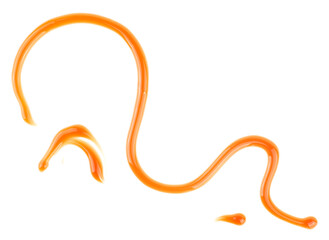 Delicious liquid caramel sauce isolated on a white background, top view.