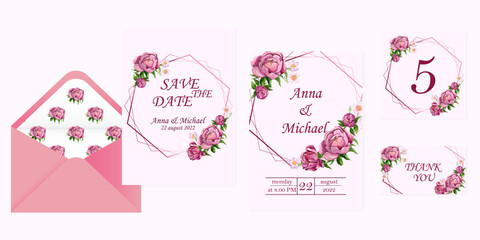 Watercolor vector wedding stationery template, invitation with pink flowers peonies
