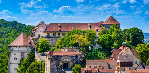View from the Tübingen collegiate church tower to Hohentübingen Castle. Baden Wuerttemberg, Germany, Europe - obrazy, fototapety, plakaty
