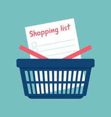 Shopping list in a plastic shopping basket on a turquoise background. Flat vector illustration - obrazy, fototapety, plakaty
