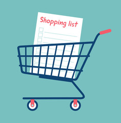 Shopping list in a supermarket shopping cart on a turquoise background. Flat vector illustration