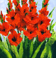 Oil painting. Red gladiolus in the garden