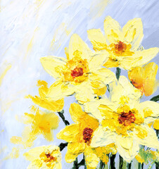 Oil painting. Yellow daffodils in the garden