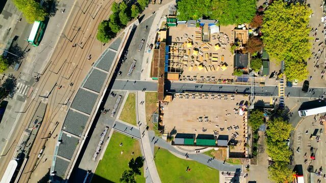 Picadilly Gardens in Manchester from above - top down view - drone photography