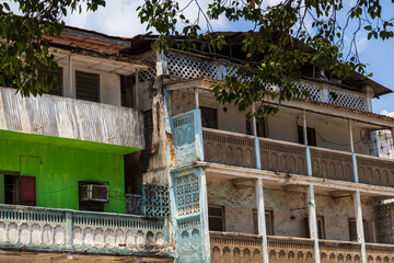 Exterior of traditional colonial building in Stone Town. Zanzibar, Tanzania