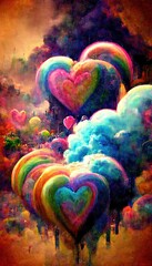 Obraz na płótnie Canvas Abstract multicolored wonderful hearts. Lots of colored airy hearts, colored paints, rainbows and multicolored smoke. Colorful rainbow illusion. The concept of dreams and loves.