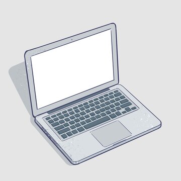 Aufgeklappter Laptop mit weißem Bildschirm. Handgezeichnete Illustration passend zu Themen, wie Home Office, Business, Webdesign, Worklife Balance etc. / Isoliert, Cut out auf grauem Hintergrund.	