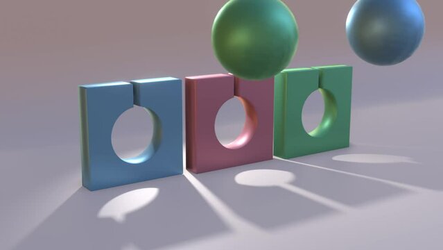 Swinging balls going through the wall with equal size hole. Walls turning around. Abstract 3D render seamless looping background motion animation.