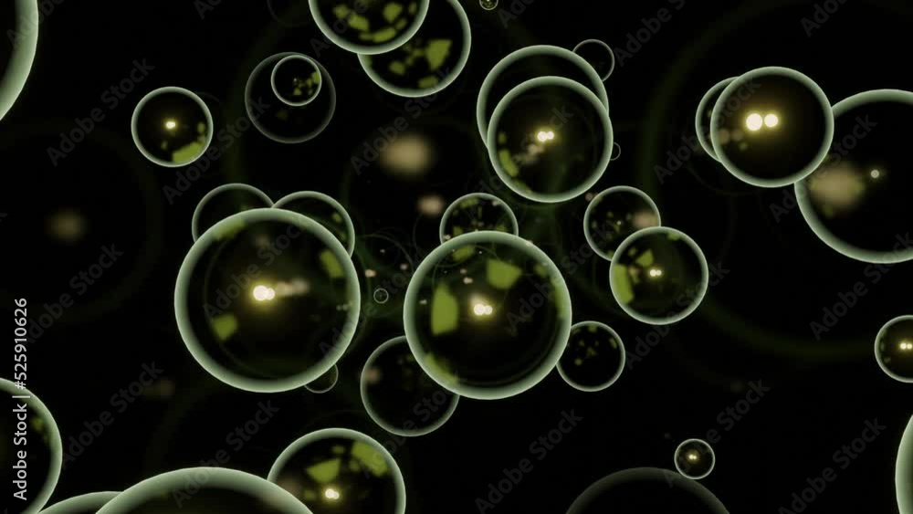 Poster black background. design.bright bubbles with white and yellow illumination of large size in the anim