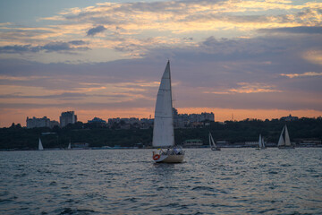 Sailing yacht regatta. Sailboats under sail in the race. Yachting. Luxury yachts.