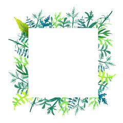 square frame of stylized watercolor leaves and herbs on a white background.