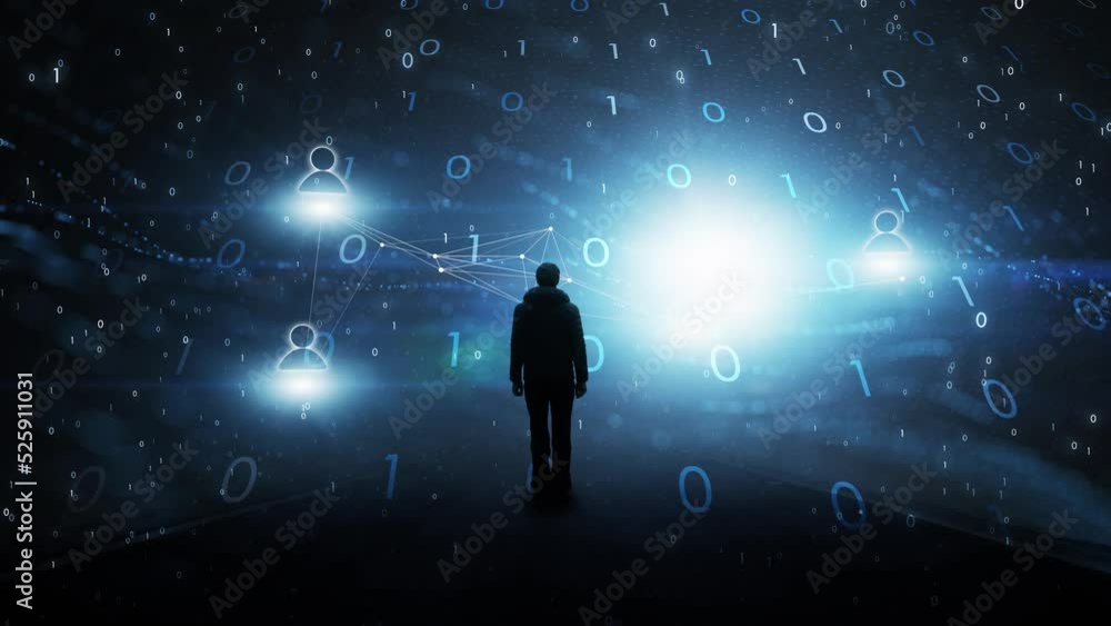 Aufkleber man silhouette in dark blue digital binary data cyberspace.