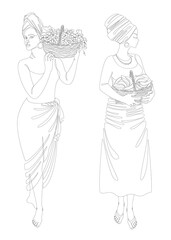 Collection. Silhouettes of a girl in a headscarf. The lady is holding a basket of grapes and bananas. Woman in modern one line style. Solid line, outline, logo. Vector illustration, set.
