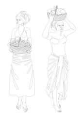 Fototapeta na wymiar Collection. Silhouettes of a girl in a headscarf. The lady is holding a basket of grapes and bananas. Woman in modern one line style. Solid line, outline, logo. Vector illustration, set.