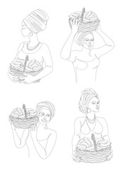 Collection. Silhouettes of a girl in a headscarf. The lady is holding a basket of bananas in her hands. Woman in modern one line style. Solid line, outline, logo. Vector illustration, set.