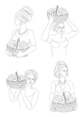 Collection. Silhouettes of a girl in a headscarf. The lady is holding a basket of bananas in her hands. Woman in modern one line style. Solid line, outline, logo. Vector illustration, set.