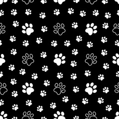 Seamless pattern with white paw print on black background. Animal print. Vector illustration