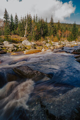 Alaska like forest landscape in autumn. Autumn forest with a wild river. View of Jizerka river in fall. Long exposure photo.