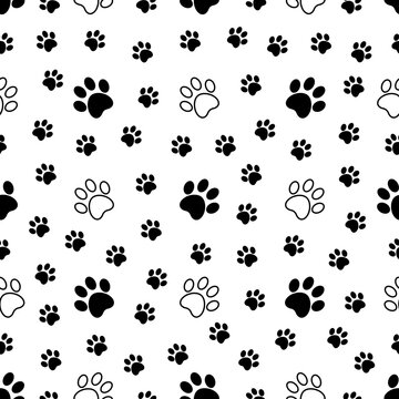 Seamless pattern with black paw print on white background. Animal print. Vector illustration
