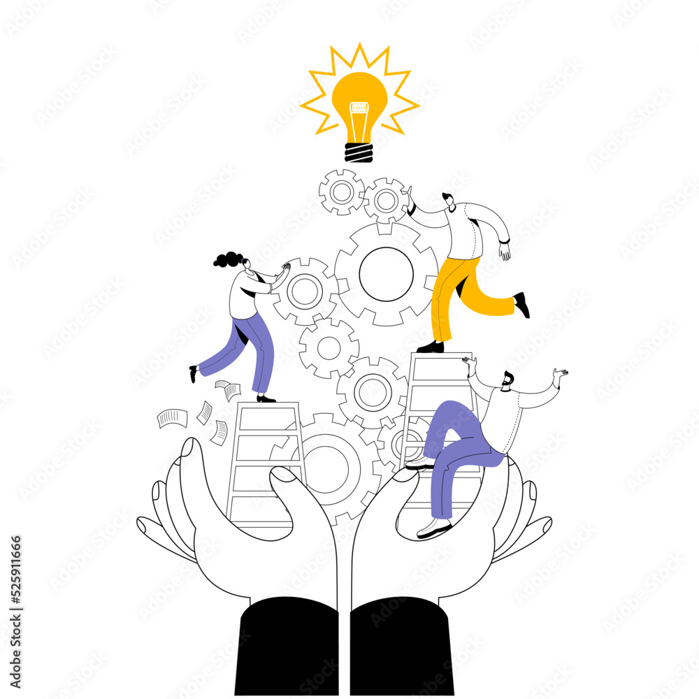 Aufkleber the hands hold characters who work with gears. the concept of a vector illustration in a flat style 
