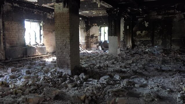 2022 - the devastated interior of the Bucha concert music hall in Bucha, Ukraine following the Russian invasion.