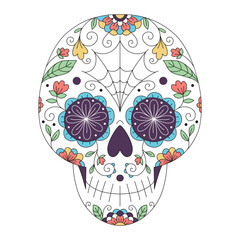 Vector illustration of Mexican skull with ornament and flowers. Sugar skull. The day of the Dead. Tattoo. Psychedelic colors. - 525913244